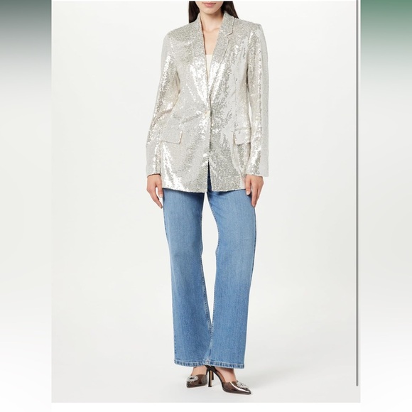 The Drop Jackets & Blazers - NWT • The Drop • Women's Blake Long One-Button Blazer • Size S • Silver Sequin •